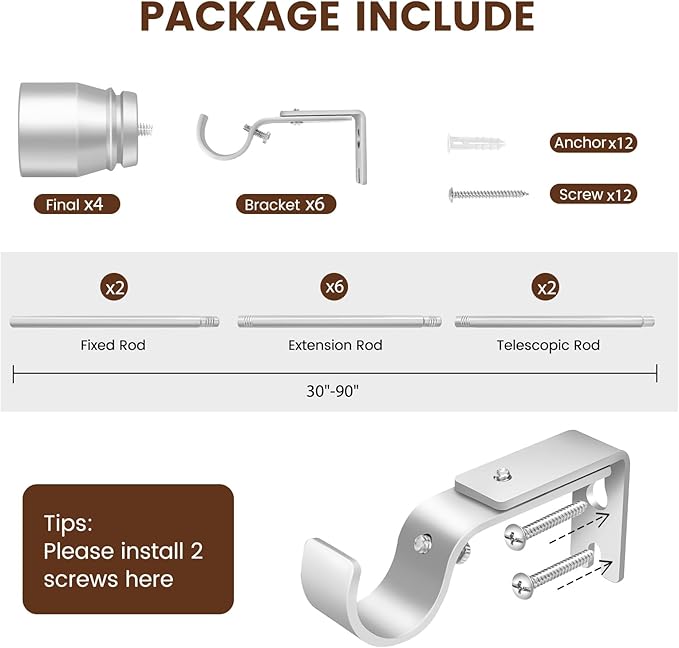 1” Diameter Silver Curtain Rod Itself is 30-90 Inch 2 Pack, Fit 30 to 84 Inch - Image 2