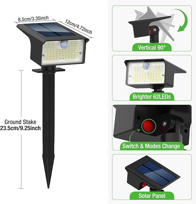 Nipify Solar Spot Lights, 3 Modes 62LED Outdoor Motion Sensor, Waterproof - Image 7