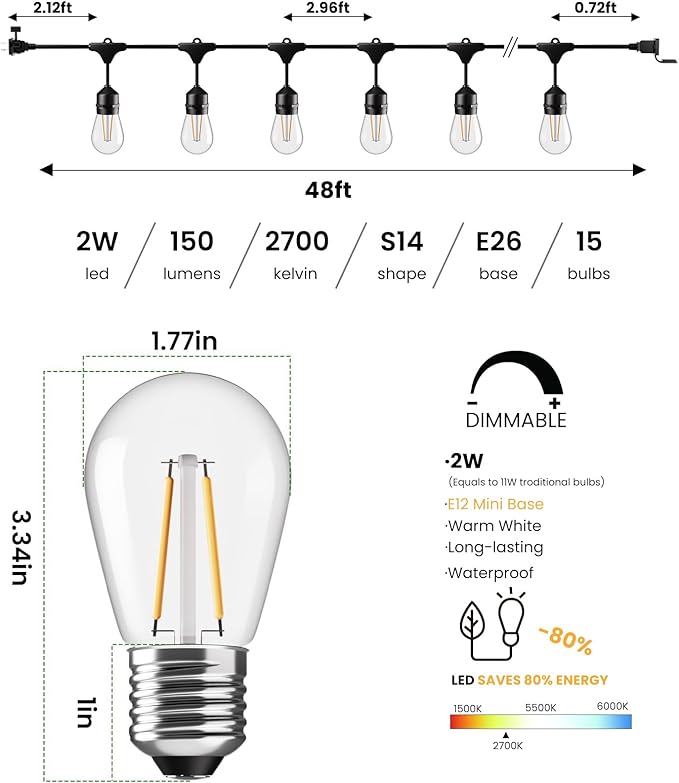 Svater 192 FT Outdoor String Lights 2W, Patio Light - Image 2
