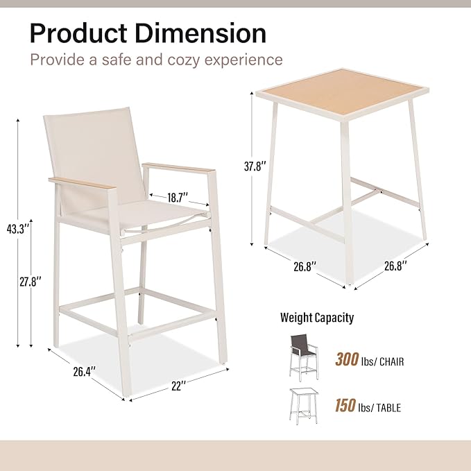 LAUSAINT HOME 3-Piece Patio Bar Set, All Weather Textilene Bar Height Table and - Image 7