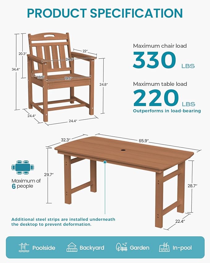 Ciokea HDPE Outdoor Dining Set, 7-Piece Patio Table and Chairs Set - Image 2