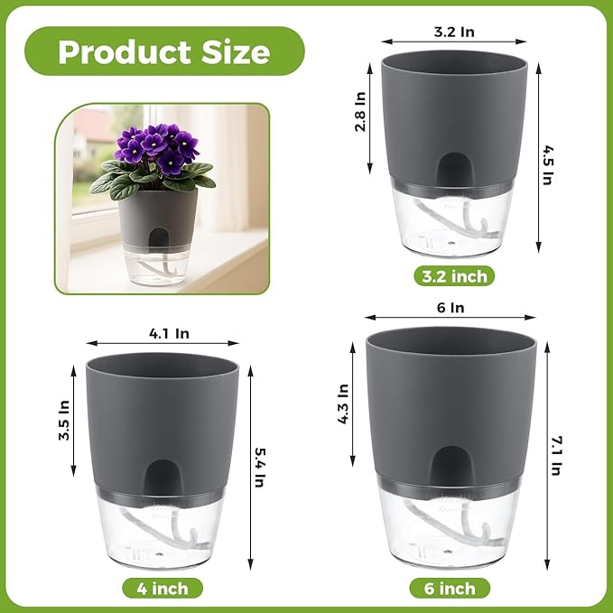 8 Pack Self Watering Pots for Indoor Plants, PlanterHoma 3.2 Inch Plant Pot - Image 3