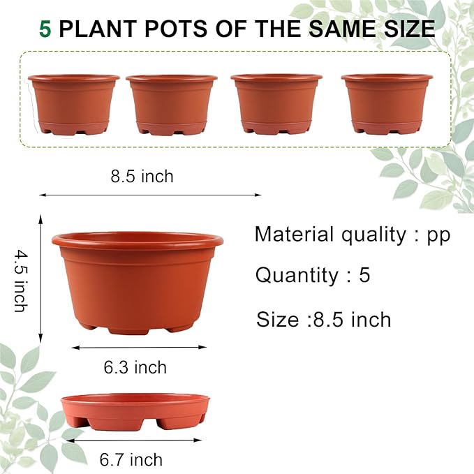 5 Pack 8.5 inch Plant Pot, Outdoor Flower Pots, Plastic pots - Image 2