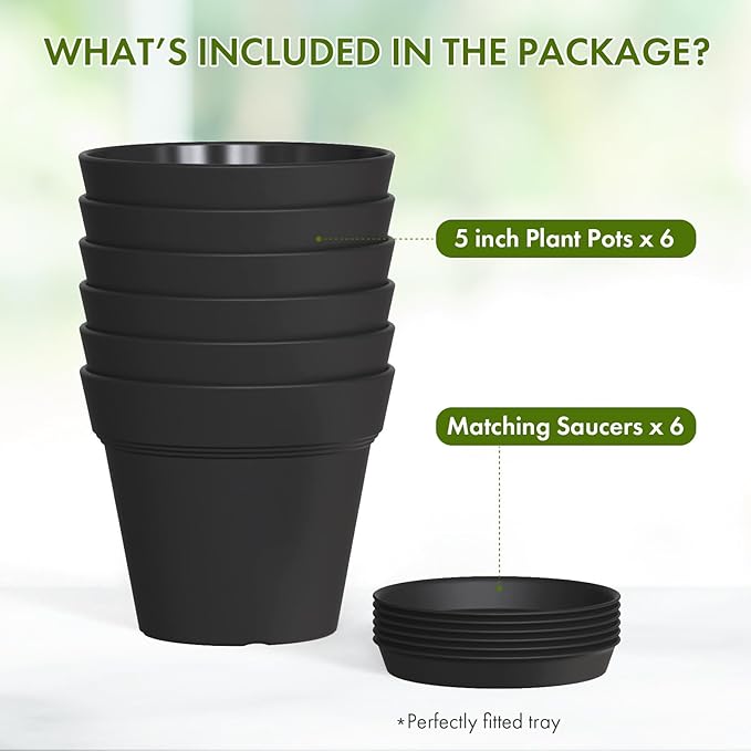 5 Inch Plastic Plant Pots with Drainage Holes and Trays – 6 Pack Small Nursery - Image 5