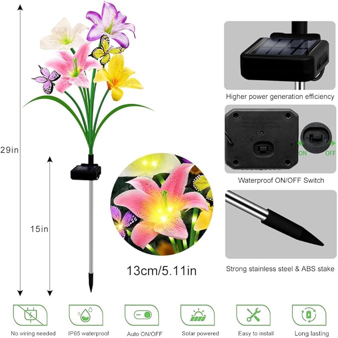 Solar Garden Lights 4 Pack LEDs Solar Lilies Flower Lights, Yard Patio Pathway - Image 2