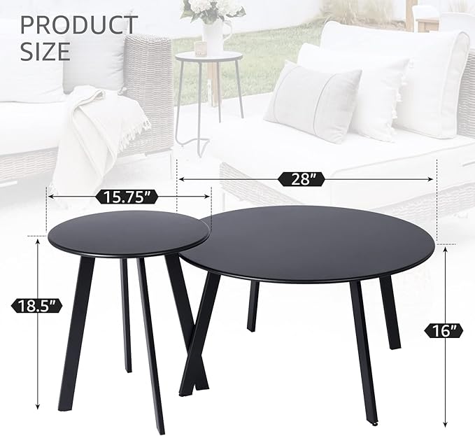 Outdoor Patio Coffee Table Set of 2, Weather Resistant End Table, Round Nesting - Image 3
