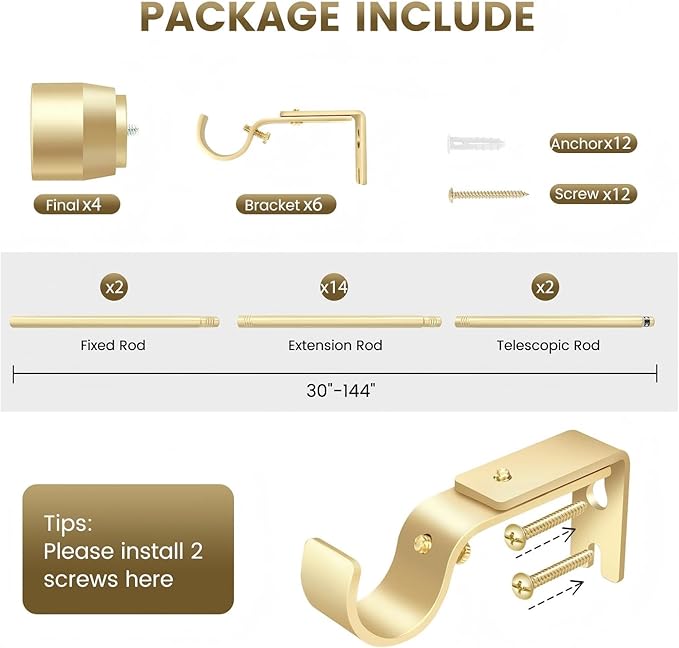 Gold Curtain Rod Itself is 30-144 inch 2 Pack, Fit 30 to 142, 66 to 120 inch - Image 3