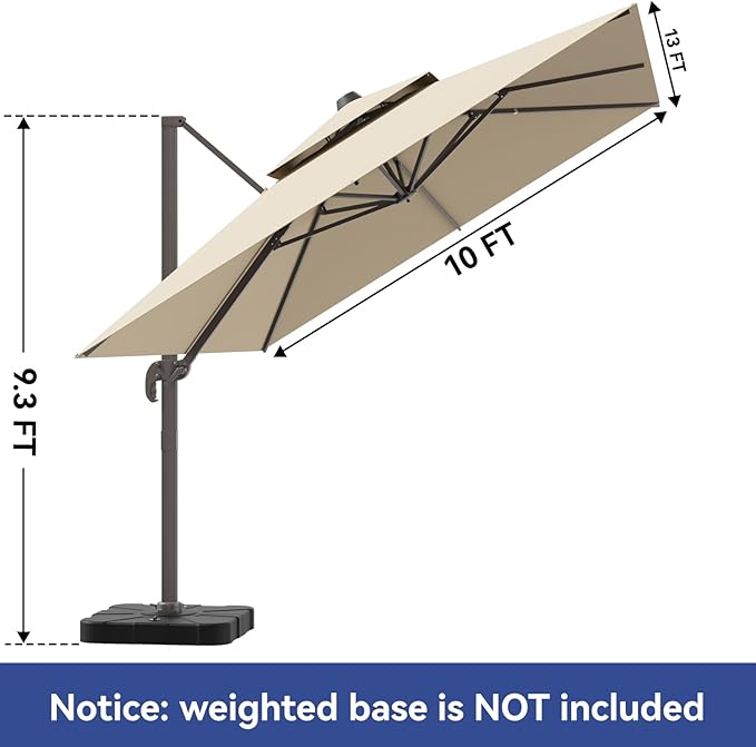 10x13FT Cantilever Outdoor Patio Umbrellas, Double Top Large Rectangle Umbrella - Image 8