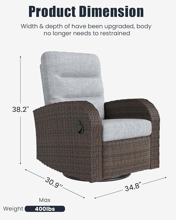 Outdoor Swivel Recliner Chair Set of 2, All-Weather Wicker Reclining Patio Chair - Image 8