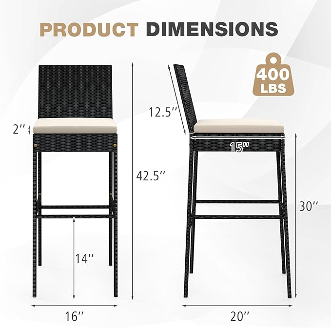 HAPPYGRILL Wicker Patio Barstools Set of 4, Outdoor Rattan Bar Chairs - Image 3