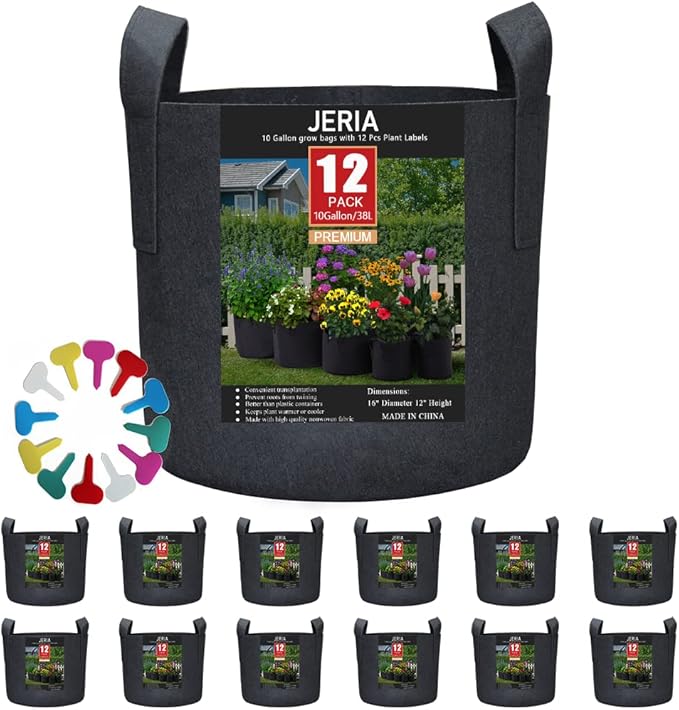 JERIA 12-Pack 10 Gallon Grow Bags, 300G Thickened Nonwoven Garden Pots by JERIA