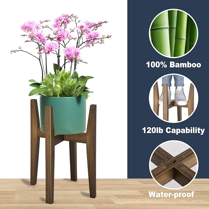 OERGKE Adjustable Plant Stand, Bamboo Mid Century Modern Indoor Plants Stands - Image 2