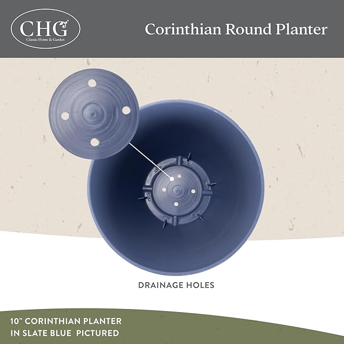 Classic Home and Garden Corinthian Round Resin Flower Planter Pot, Slate Blue 8" - Image 3