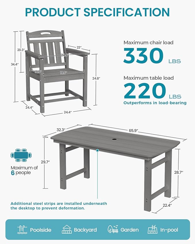 Ciokea HDPE Outdoor Dining Set, 7-Piece Patio Table and Chairs Set - Image 2