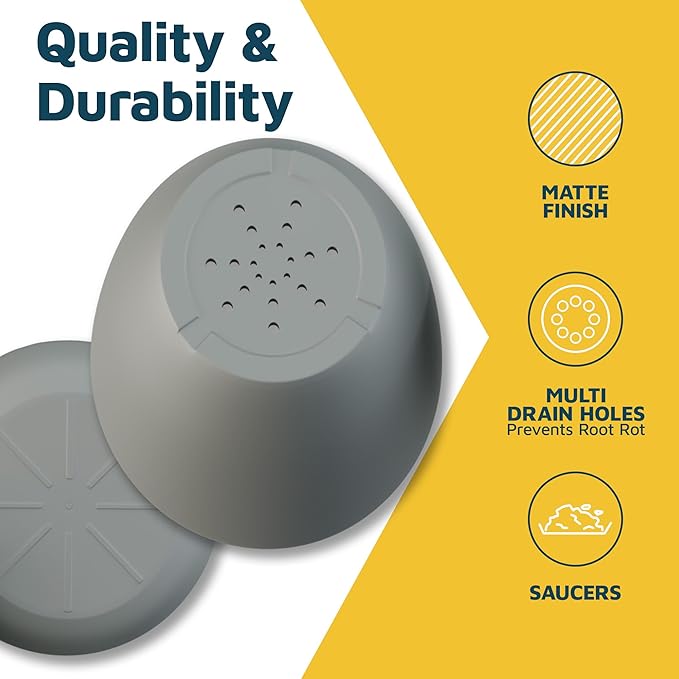 Gray Plant Pots with Drainage Holes & Saucers 3 Pack, Indoor & Outdoor - Image 7