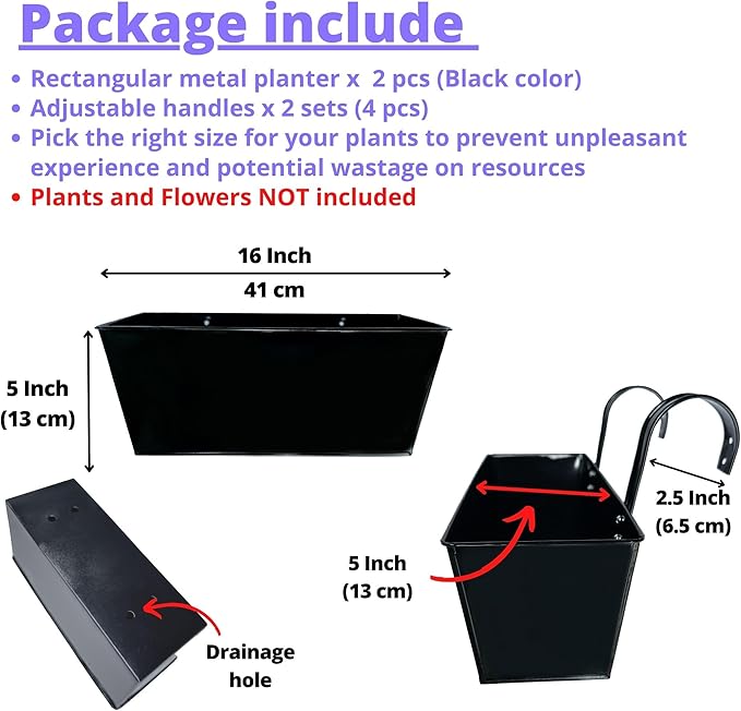 LaLaGreen Railing Hanging Planters Large Black Metal Strawberry Flower Pots - Image 2