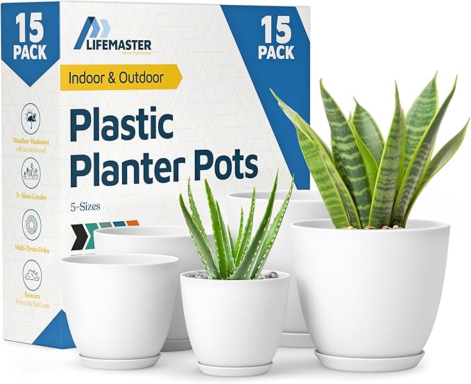 White Plant Pots with Drainage Holes & Saucers 15 Pack, Indoor & Outdoor by LIFEMASTER