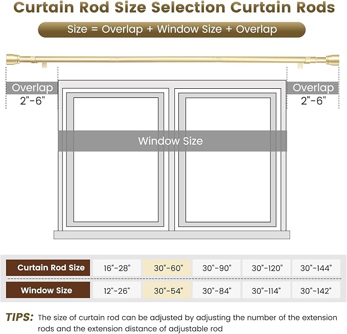 1” Diameter Gold Curtain Rod Itself is 30-60 inch 1 Pack, Fit 30 to 54 Windows - Image 4