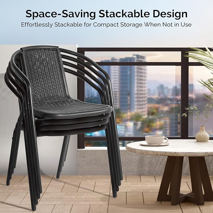VINGLI PE Rattan Outdoor Dining Chairs Set of 2, Plastic Stackable Patio Chairs - Image 4