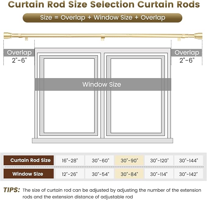 1” Diameter Gold Curtain Rods Itself is 30 to 90 inch, 1 Pack Fit 30-84 inch - Image 3