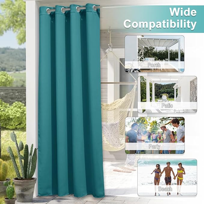NICETOWN 2 Panels Peacock Teal Patio Outdoor Curtains 95 inch Length, Thermal - Image 6