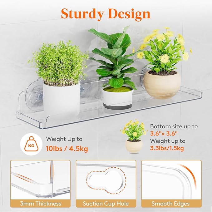 Lifewit Window Plant Floating Shelves 14.6x3.6, 4 Pack Acrylic Suction Cup Shelf - Image 4