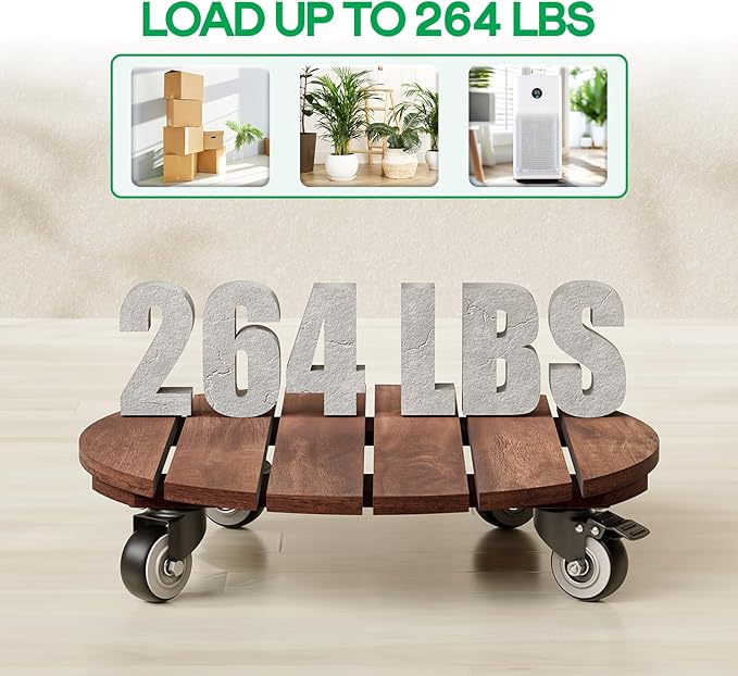 2pack Wood Plant Caddy With Wheels Heavy Duty Red Brown, 264 Lbs Capacity - Image 4