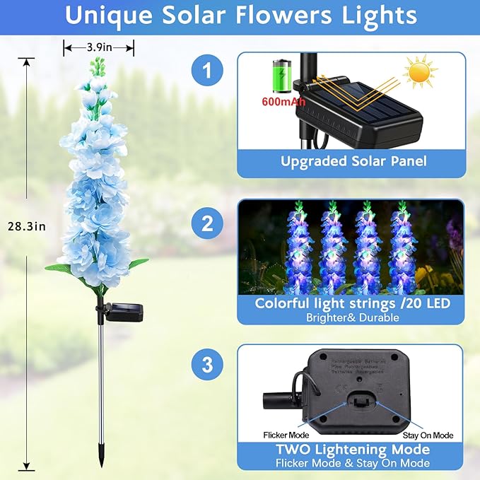Solar Garden Lights, Solar Blue Delphinium Flowers Lights 8 Pack 160 LEDs - Image 2