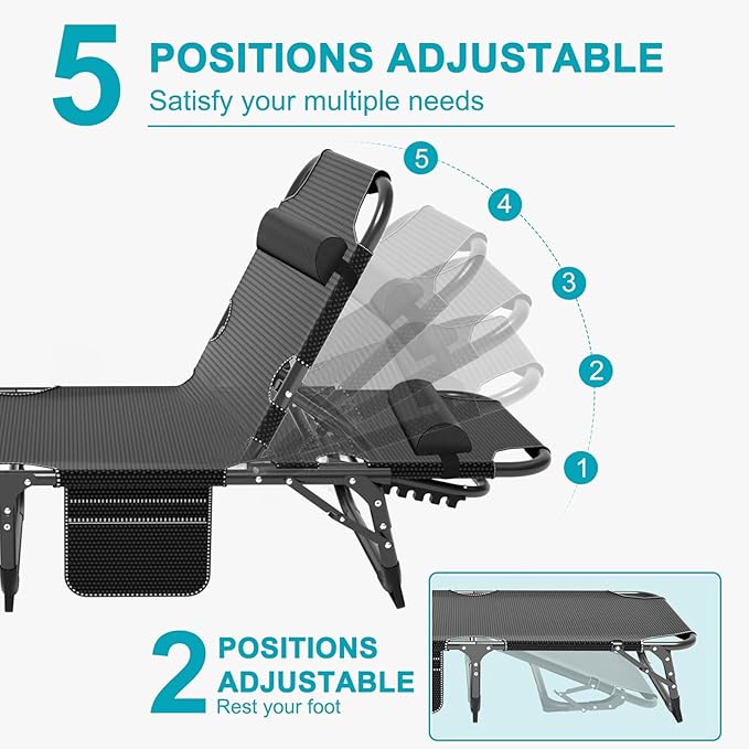 ABORON Heavy Duty Tanning Chair, 5-Gear Outdoor Folding Chaise Lounge Chair - Image 5