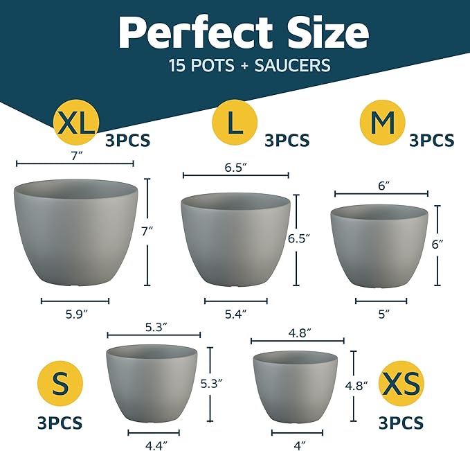 Gray Plant Pots with Drainage Holes & Saucers 15 Pack, Indoor & Outdoor - Image 2