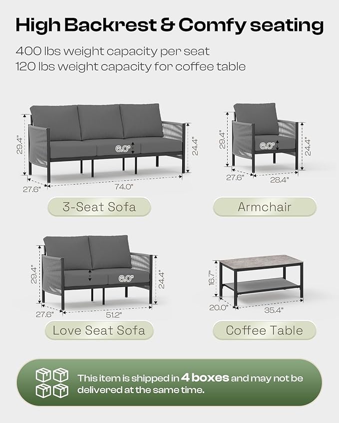 Aluminum Outdoor Patio Couch Loveseat, HDPE Rope Patio Sofa - Image 2