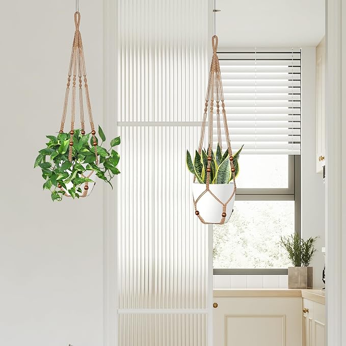 Jute Macrame Plant Hanger Indoor Set of 4 Hanging Planter Basket Flower Pot - Image 7