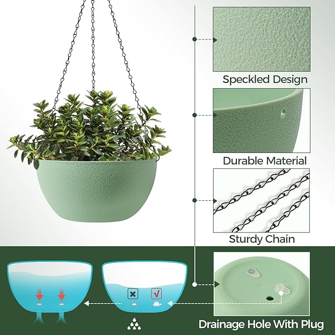 T4U 12 Inch Hanging Planters for Indoor Outdoor Plants, 2 Pack Plastic Hanging - Image 6