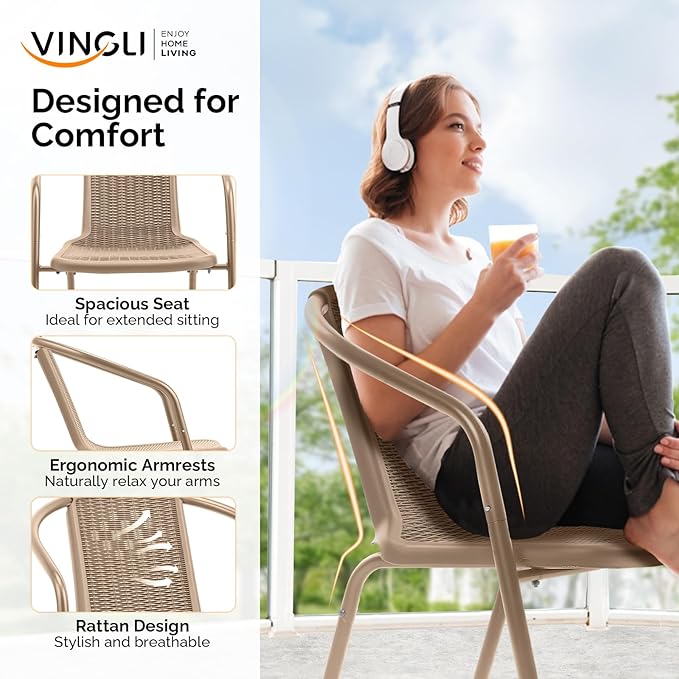 VINGLI PE Rattan Outdoor Dining Chairs Set of 2, Plastic Stackable Patio Chairs - Image 5