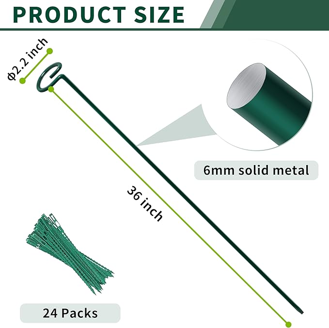 36” Tall Plant Stakes, 6 Pack Plant Support Stakes, 6mm Heavy-Duty Metal Garden - Image 2