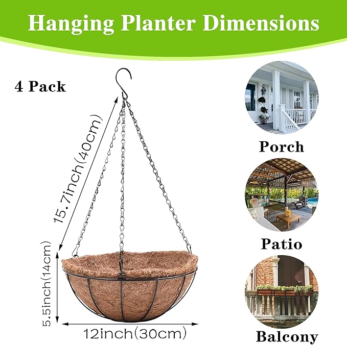 4 Pack Hanging Planter Basket Outdoor Large Hanging Flower Pots Indoor 12 inch - Image 4