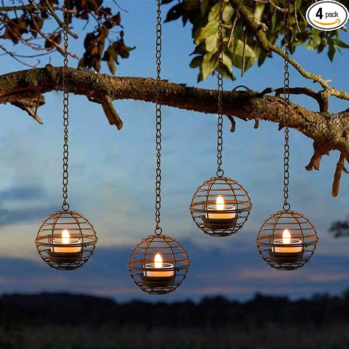 Solar Hanging Lanterns Outdoor Waterproof, Rust Iron Ball Candle Holder by TWINKVILLA