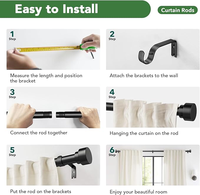 2 Pack Curtain Rods for Windows 72 to 144, 1 Inch Adjustable Black Heavy Duty - Image 9