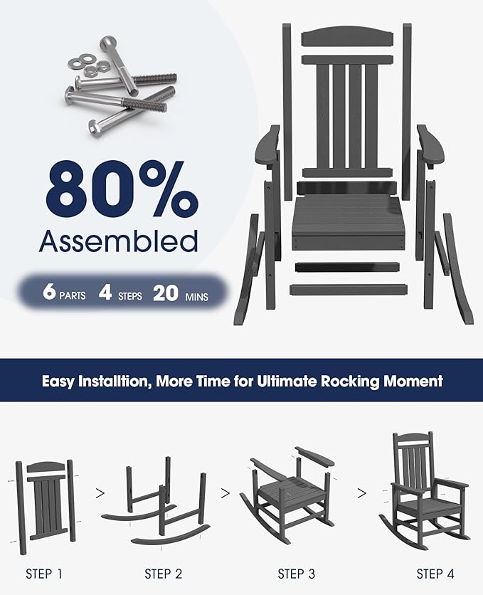 KINGYES Outdoor Rocking Chairs, HDPE All-Weather Patio Rocking Chairs High Back - Image 4