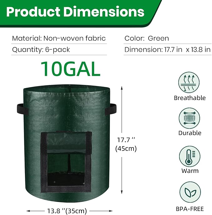 6 Pack Potato Grow Bags, 10 Gallon Planting Bags Durable PE Vegetable Planter - Image 2
