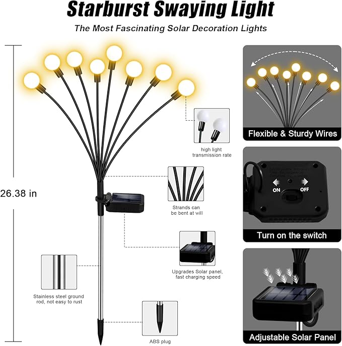 Solar Garden Lights, Solar Firefly Lights, 8 Pack 64 Heads Solar Lights Outdoor - Image 4