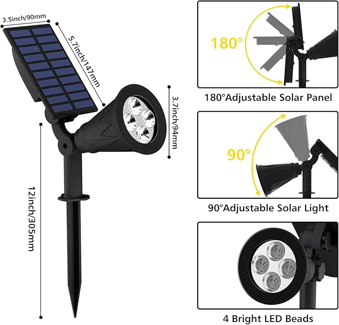 T-SUN Solar Spotlights Outdoor, 2 Pack White LED Landscape Lights, Waterproof - Image 8
