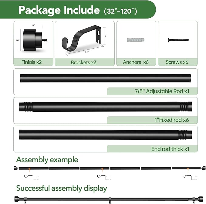 Time Forest Black Curtain Rods for Windows 32 to 120 Inch, 1 Inch Diameter - Image 6