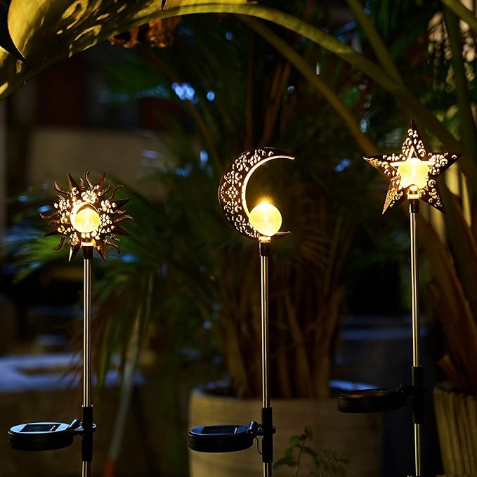 Solar Garden Stake Lights, Moon Sun Star Yard Decorations Outdoor 3 Pack Solar - Image 5