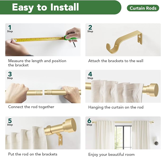 Time Forest Gold Curtain Rods for Windows 32 to 120 Inch, 1 Inch Diameter - Image 8