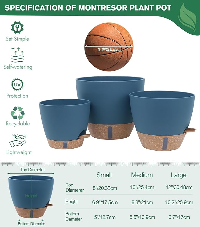 montresor 2-Pack of 8inch Self Watering Pots Blue Sturdy Plastic Flower Pot - Image 4