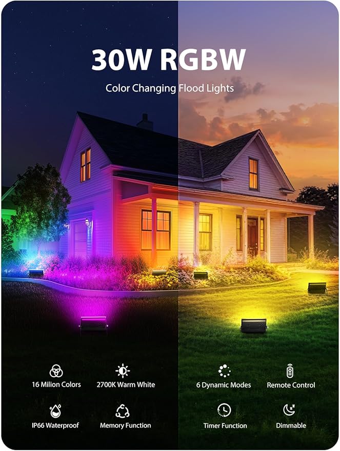 Onforu LED Flood Light Outdoor 300W Equivalent, 30W Color Changing RGBW - Image 2