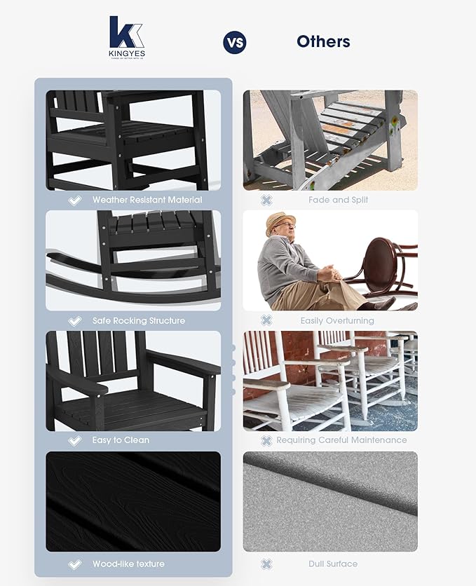 KINGYES HDPE Outdoor Rocking Chair, Widened Seat Patio Rocking Chair, Oversized - Image 6