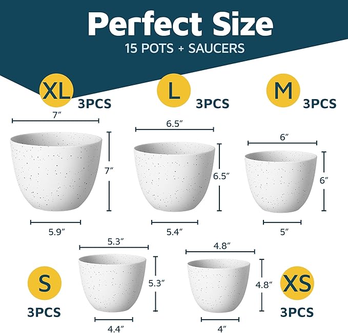 White Gray Plant Pots with Drainage Holes & Saucers 15 Pack, Indoor & Outdoor - Image 2