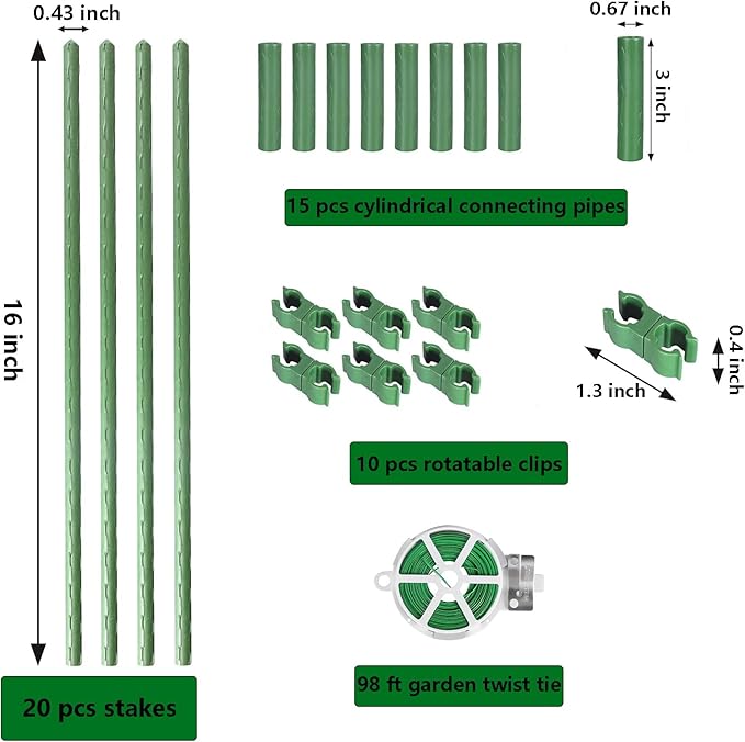 Garden Stakes Kit, 20 Sets 16 inch 0.43" in Diameter Steel Plant Stick Support - Image 2